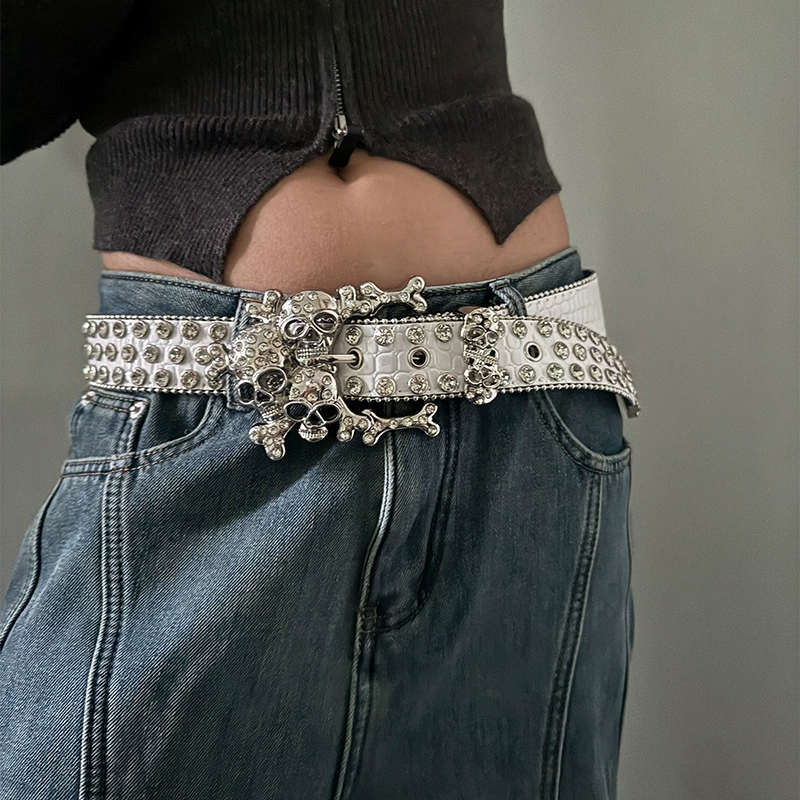 Нишевые гирлянды с rhinestones дизайны в виде призрачной головы и заклепанный пояс для женщин, декоративная юбка джинсы с поясом