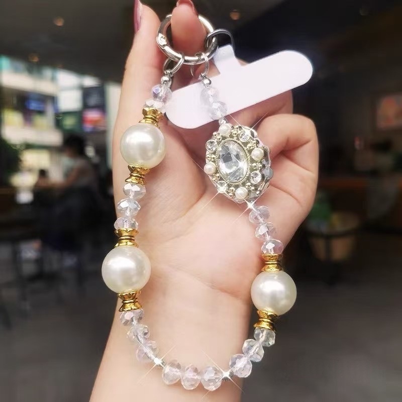Estilo clásico, gran joya, perla, cristal, cadena de teléfono móvil con cuentas, cadena de colgante corta hecha a mano con incrustaciones de diamantes de lujo para mujer