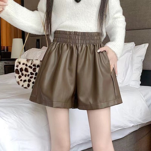 Women's High-Waisted Wide Leg Casual Shorts Autumn/Winter A-Line Wide Leg Pants Loose PU Outerwear Boot Pants Trendy