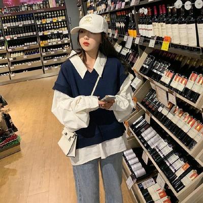 学院风假两件拼接拼色卫衣女宽松韩版春秋新款长袖学生上衣外套潮