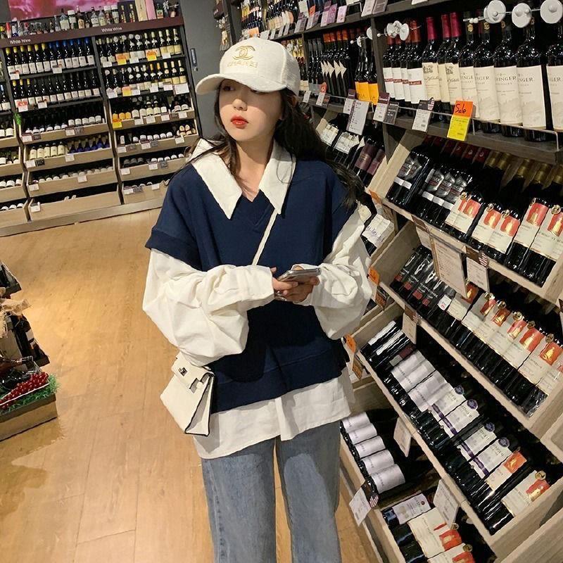 学院风假两件拼接拼色卫衣女宽松韩版春秋新款长袖学生上衣外套潮