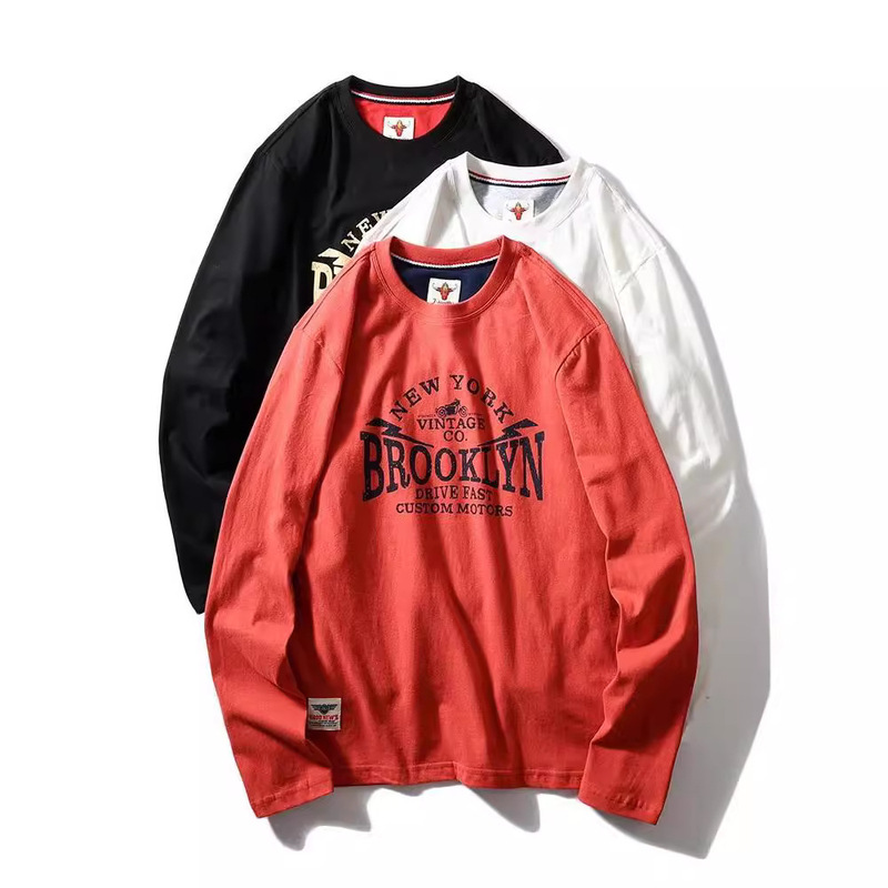 Spring and Autumn Ami Kaji 220g Technology Sanding Heavy Industry Washed Cotton Crewneck Pullover Printed Wei Yi Couple Long Sleeve T