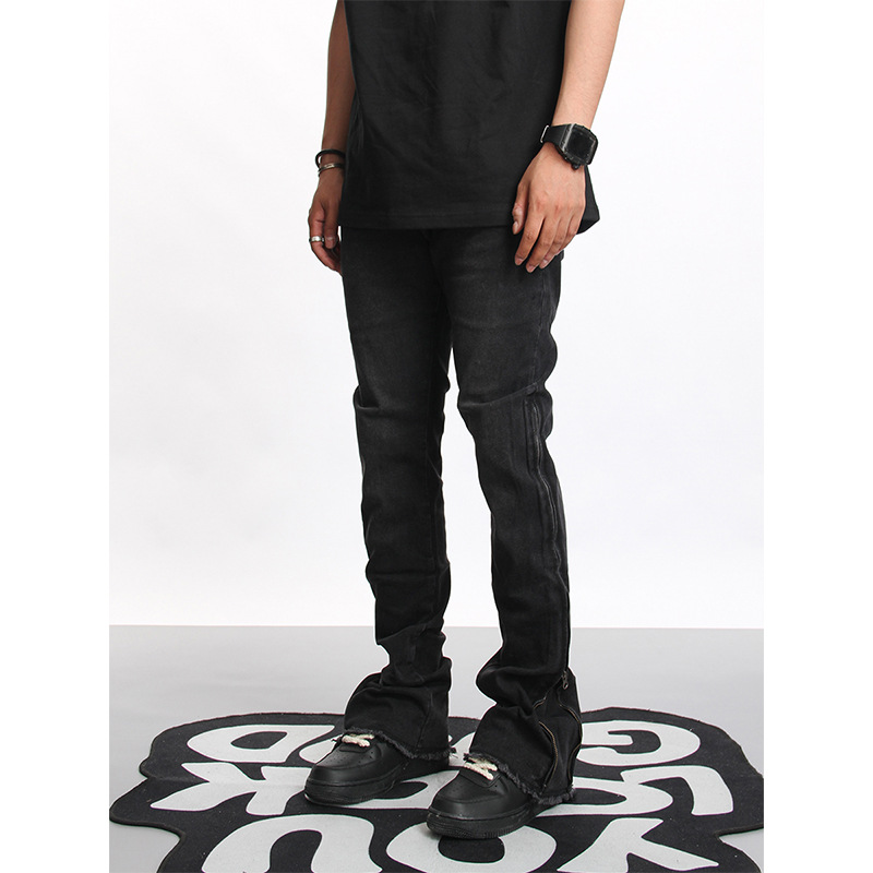 AKAMA pantalones sueltos de calle alta con cremallera, pies delgados, jeans negros elásticos, pantalones micro-acampanados de moda para hombres