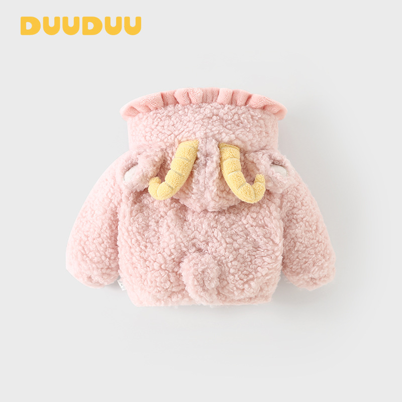 DUUDUD 파우더 양 겨울 후드 기모 어린이 두꺼운 탑 의상 귀여운 여성 코트