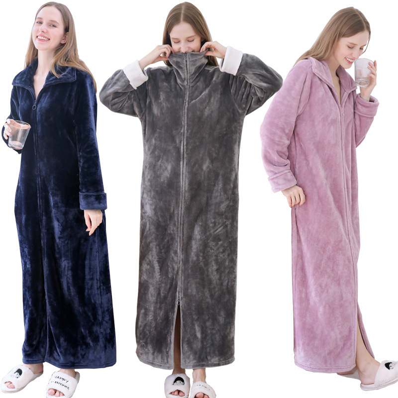 Amazon Autumn and Winter New Nightgown Women's Lengthened Double Zipper Pajamas Women's Lengthened Plus Size Nightgown Women's Home Clothes