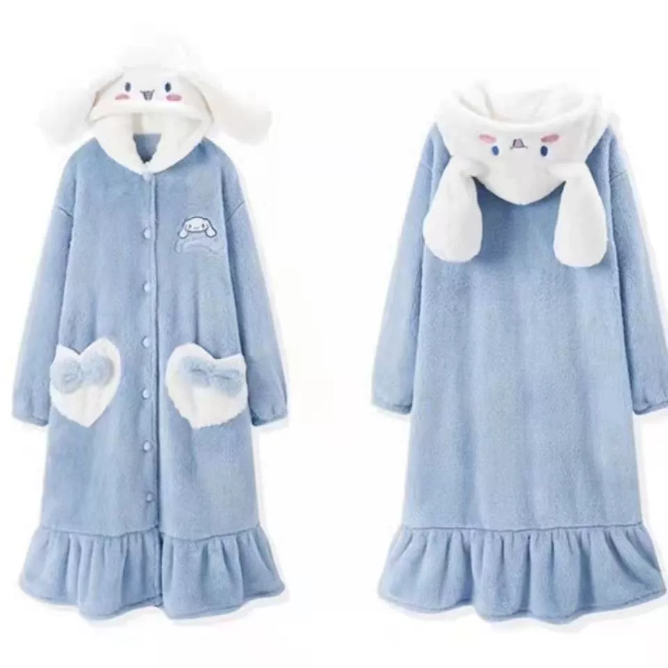 Пижамное платье из фланели кораллового бархата, длинное женское халат, плюшевый мультяшный милый, синий