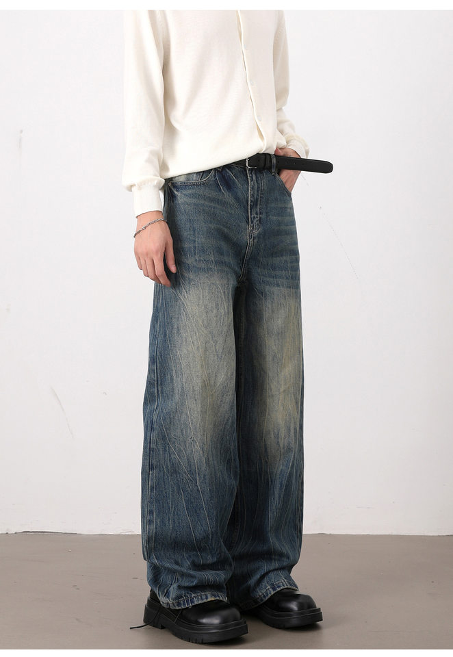 Quần jean nam ống rộng dáng suông màu xanh wash, râu mèo, phong cách đơn giản dễ phối đồ — Màu xanh dương chi tiết 10