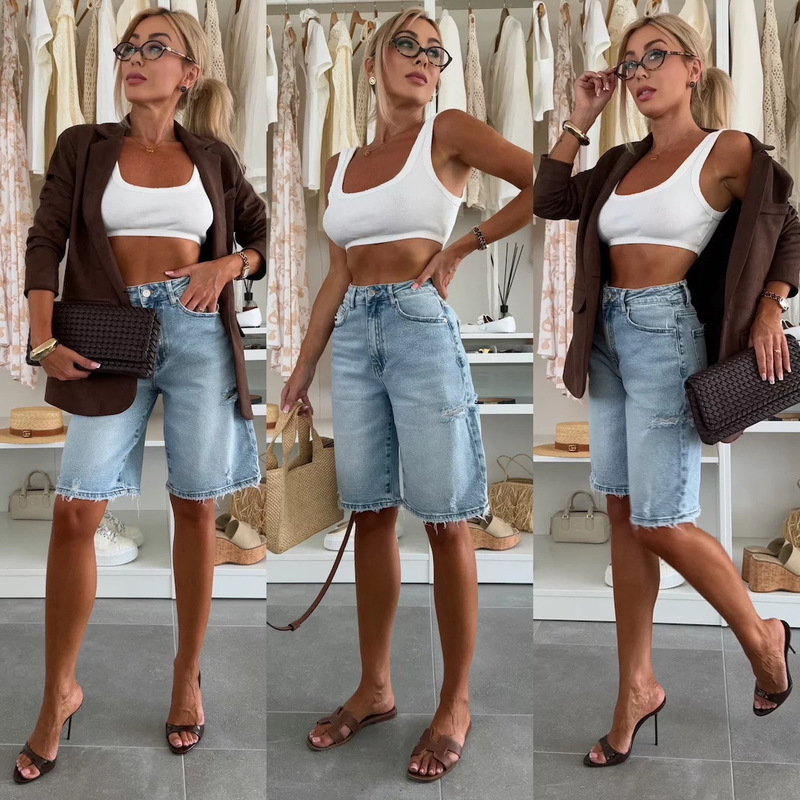 2025 European and American Cross-Border Summer New Style Urban Casual Loose Washed Ripped Women's Denim Mid-Pants 8919 2025 European and American Cross-Border Summer New Style Urban Casual Loose Washed Ripped Women's Denim Mid-Pants 8919