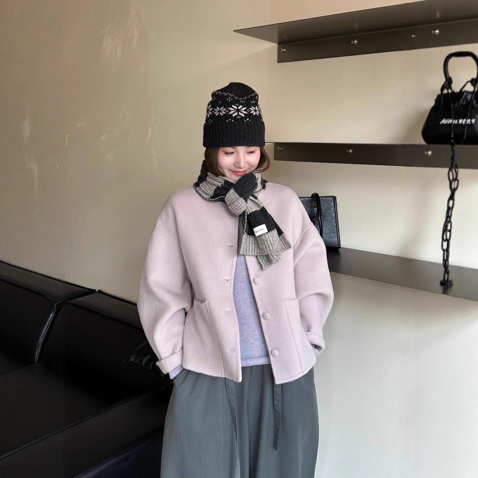 短款单排扣大袖子圆领包扣双面羊毛大衣 小个子廓形羊绒毛呢外套