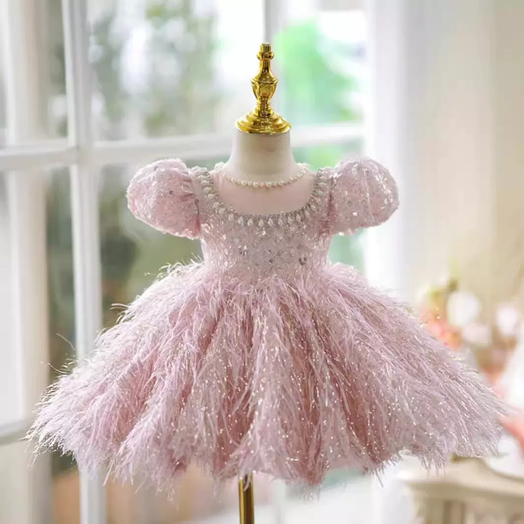女童礼服主持人儿童公主裙粉色花童婚礼小女孩生日钢琴演奏服2026