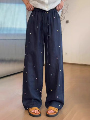 藏青色亚麻刺绣阔腿裤女夏季时髦宽松抽绳高腰垂感休闲直筒拖地裤