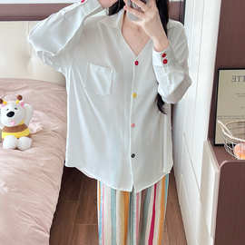 春夏季新款情侣居家睡衣女冰雪丝休闲时尚简约长袖长裤家居服套装
