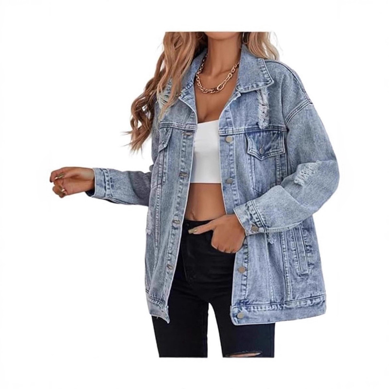 European and American Cross-Border Temu Amazon Women's Oversized Denim Jacket Boyfriend Ripped Distressed Denim Jacket Lapel