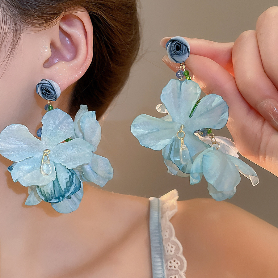 Aguja de plata super inmortal tela flor de verano pendientes de bordillo de vacaciones de mar pendientes de viento ligero lujo alta sensación de pendientes image 32