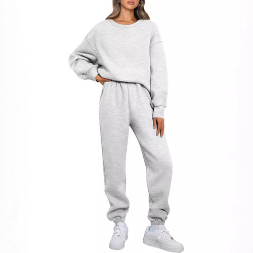 Cross-border Amazon: Autumn/Winter Solid-Color Crewneck Pullover Pants Set—Stylish Casual Long-Sleeve Sweatsuit, In Stock