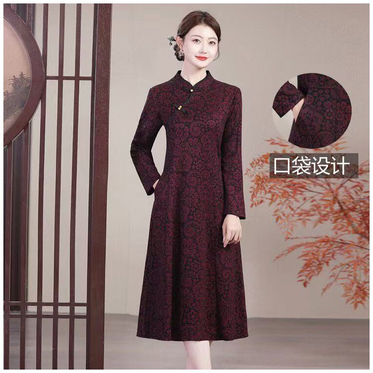 Dropshipping 2025 New Autum Long-Sleeved Cheongsam Dress Mother's Mid-Length Retro Large Size Cheongsam Dress Dropshipping 2025 New Autum Long-Sleeved Cheongsam Dress Mother's Mid-Length Retro Large Size Cheongsam Dress