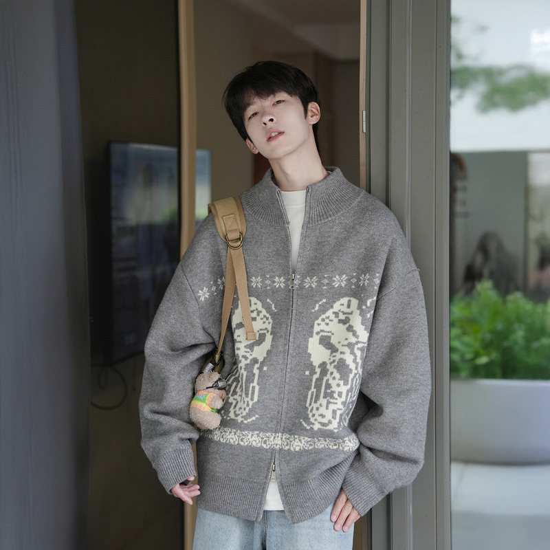 Fair Isle Cardigan Zipper Knitwear Men's Autumn and Winter American Retro Stand-Up Collar Knitwear Jacket Casual Top Fair Isle Cardigan Zipper Knitwear Men's Autumn and Winter American Retro Stand-Up Collar Knitwear Jacket Casual Top
