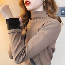 加绒打底衫女秋冬2025新款宽松加厚保暖T恤半高领长袖内搭上衣ins