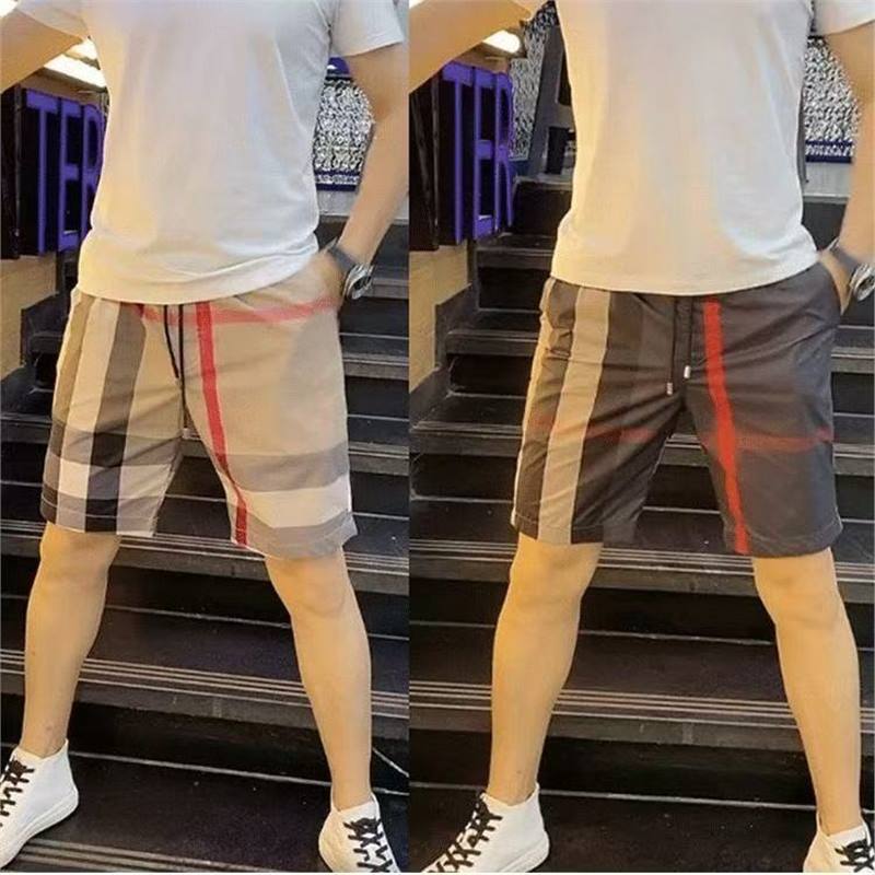Printed Plaid Shorts Men's Korean-style Slim-fit Straight-cut Casual Pants Summer Thin Ice Silk Beach Sports Pants