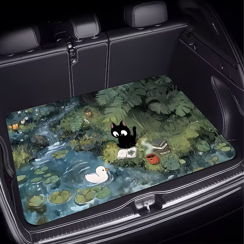 Cross-Border Square Rubber Floor Mat for Car Trunk with Cartoon Cat, Dog, and Mushroom Designs, Foldable, Machine Washable, Printed