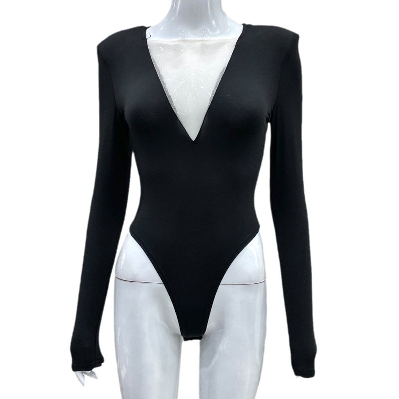 Venta caliente transfronteriza europea y americana ropa de mujer sexy cuello en V malla costura perspectiva moda hombrera temperamento de manga larga mono mujer