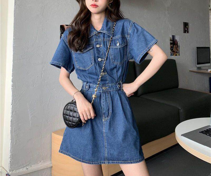 Đầm denim nữ tay ngắn cổ polo dáng chữ A chiết eo phong cách thanh lịch — Màu be, Màu hồng chi tiết 4