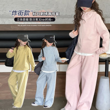 女童套裝秋季2025新款中大兒童洋氣休閑運動拉鏈刺綉假兩件兩件套
