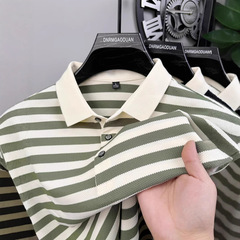 夏の新型男性ストライプ半袖tシャツ高級襟付きシャツのゆったりした大きいサイズの百合上着男性2025