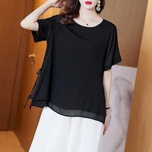 妈妈装黑色雪纺衫女新款夏季圆领大码短袖上衣宽松遮肚洋气小衫潮
