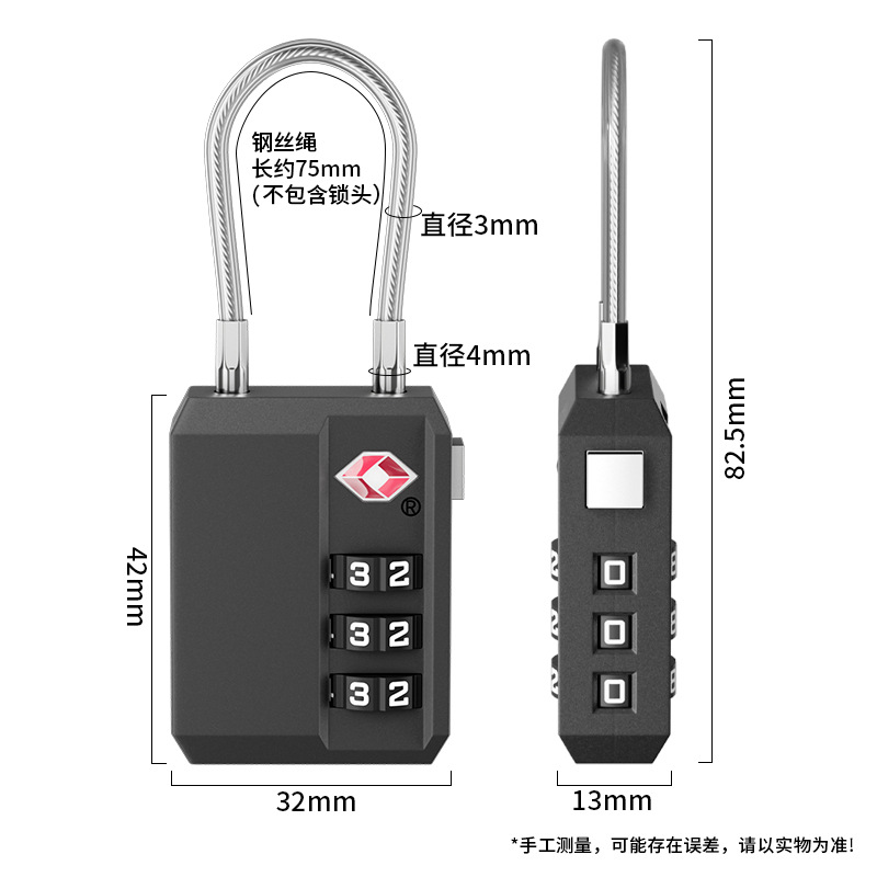 Genuine source factory TSA307 Customs 3-digit wire password padlock ABS plastic TSA lock travel luggage lock 5