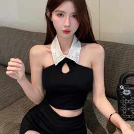 烫钻polo领吊带背心女外穿夏季甜热辣妹性感挂脖露背抹胸上衣泰式