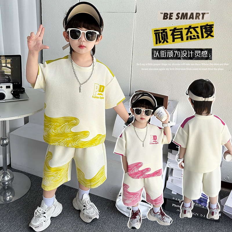 7344 traje de camiseta de manga corta para niños pantalones cortos guapos de verano para niños 2025 nueva ropa deportiva de media manga para bebés 3