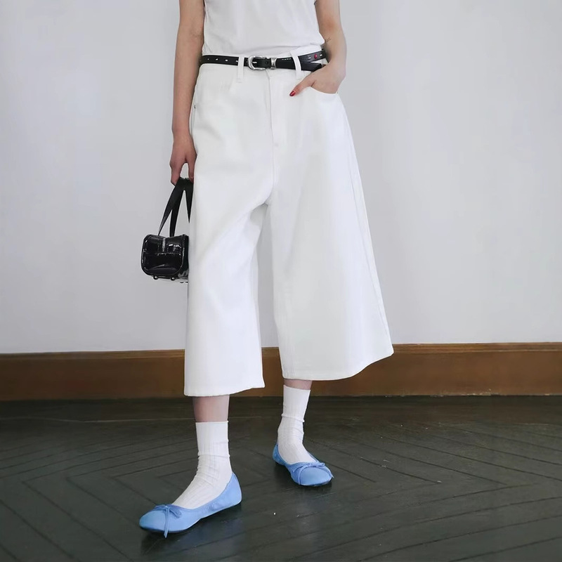 Wholesale American-Style High-Waisted Loose Wide-Leg Pants White Versatile Drape Petite Straight-Leg Denim Cropped Pants Trendy