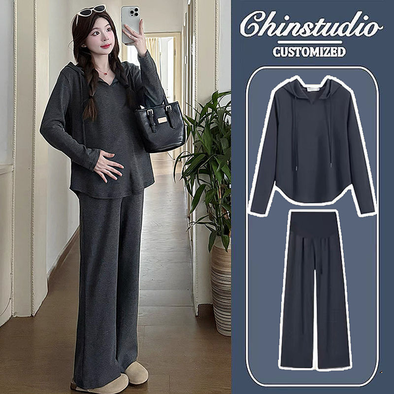 Maternity Outfit Set, Spring and Autumn Style, Loose Long-Sleeve Hooded Korean Fashion Casual Outerwear, Belly Support Pants, Complete Set for Trendy Moms