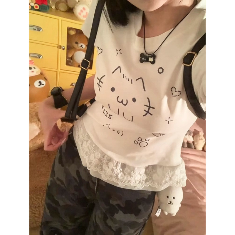 亚文化可爱猫咪蕾丝花边短袖T恤女夏季甜辣妹修身显瘦设计感上衣|undefined