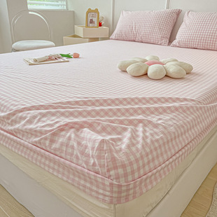 New Washed Cotton Fitted Bed Sheets Single Piece Simple Plaid Pure Color Bedspread Simmons Protective Cover All-Inclusive Bed Bed Sheets Three-Piece Set
