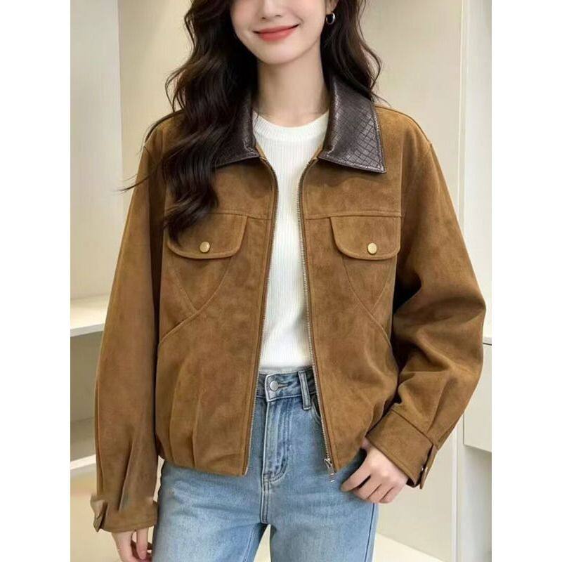 Áo khoác ngắn nữ cổ bẻ dáng rộng phong cách thanh lịch công sở — Màu kaki (bản cao cấp), Màu nâu cà phê (bản cao cấp) chi tiết 3