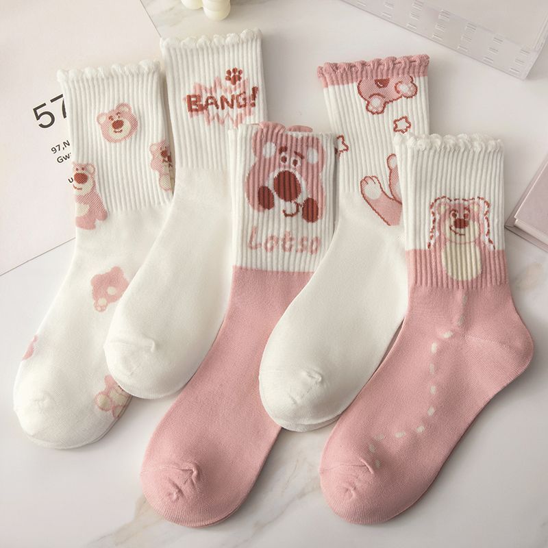 Pink socks women's mid-calf ins trendy and versatile autumn and winter Korean cute bear sweet and versatile student sports socks