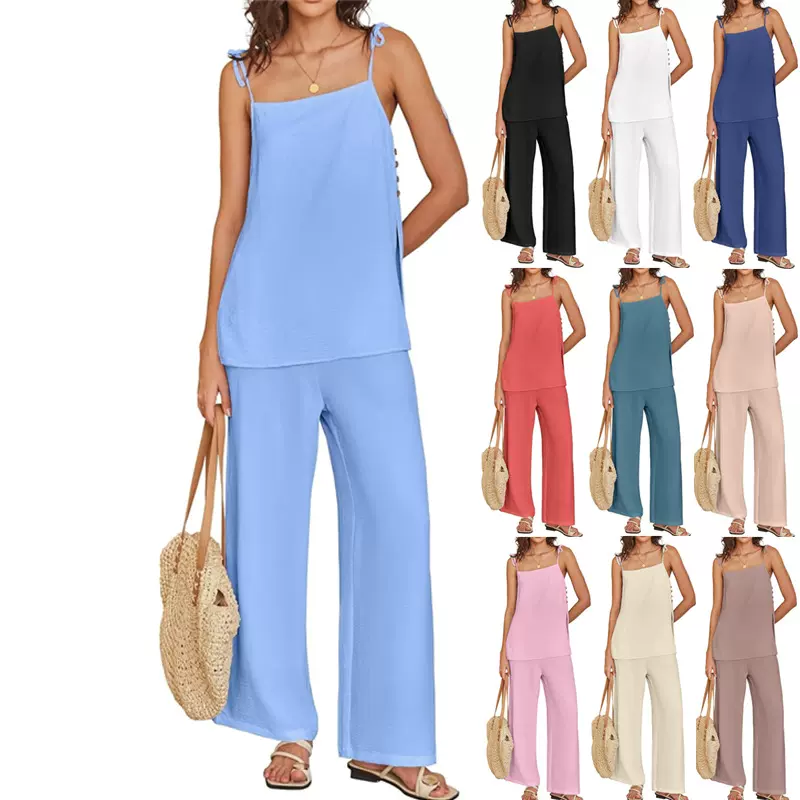 2026跨境亚马逊独立爆款夏季亚麻时尚休闲女士细肩带背心长裤套装