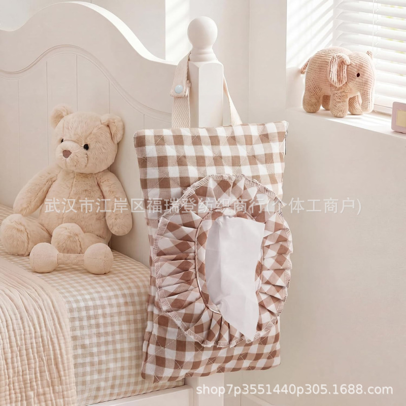 Cross-Border Ins-Style Korean Quilted Plaid Crib Hanging Bag, Ruffled Edge Baby Stroller Car Tissue Holder