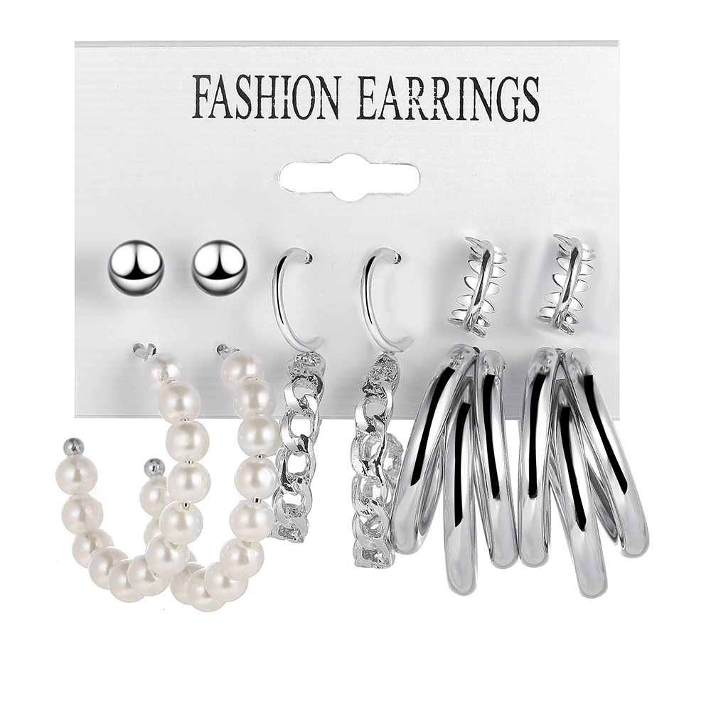 new creative retro pearl earrings circle chain earrings 6 setspicture3