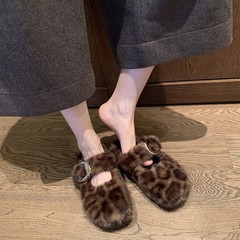 羊皮版~葡萄妈同款复古小豹纹毛茸茸圆头扣带保暖半拖勃肯鞋女