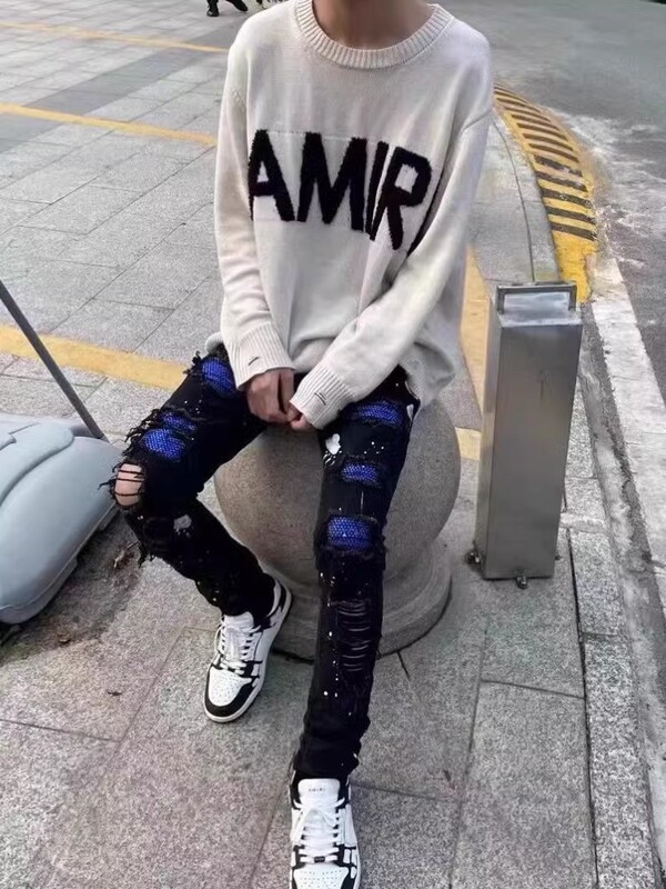 High Street Black Cross Rhinestone Ripped Jeans Men's Skull Print Slim Fit Casual Pants Trendy Brand