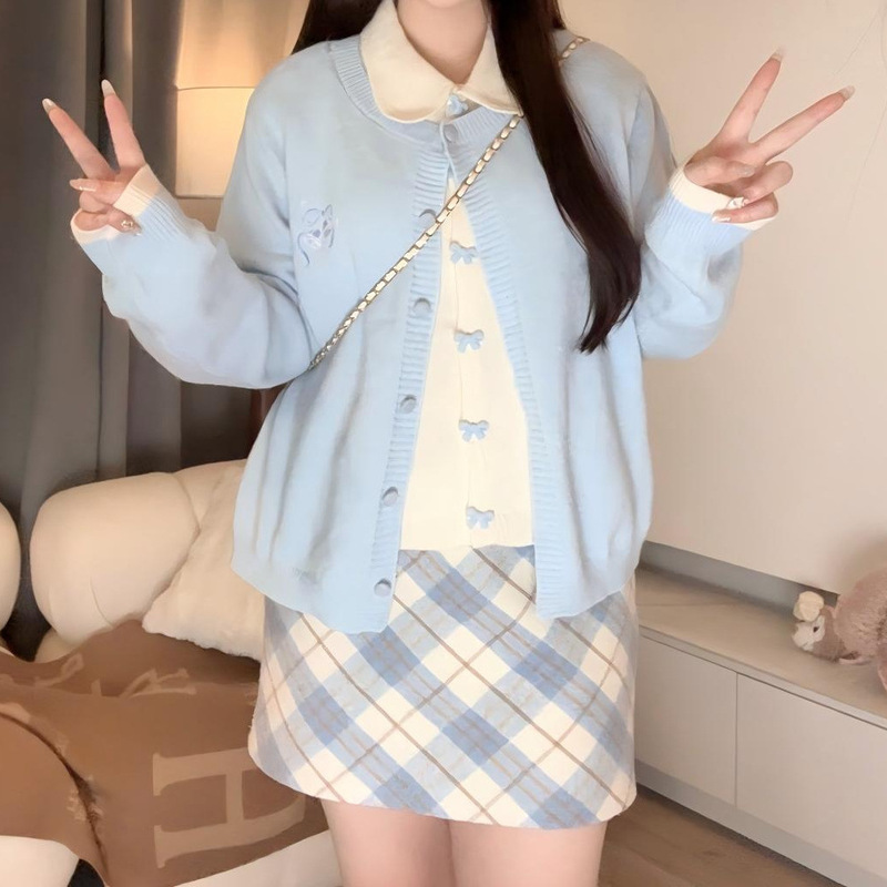 大码女装胖mm秋冬季新款设计感假两件刺绣毛衣翻领宽松显瘦上衣|undefined