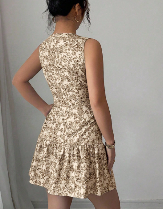 Women's Bohemian Style Floral Print Mini Dress Sleeveless Belted French Elegance Thin Summer Fashion Clothing_ecoleips.com