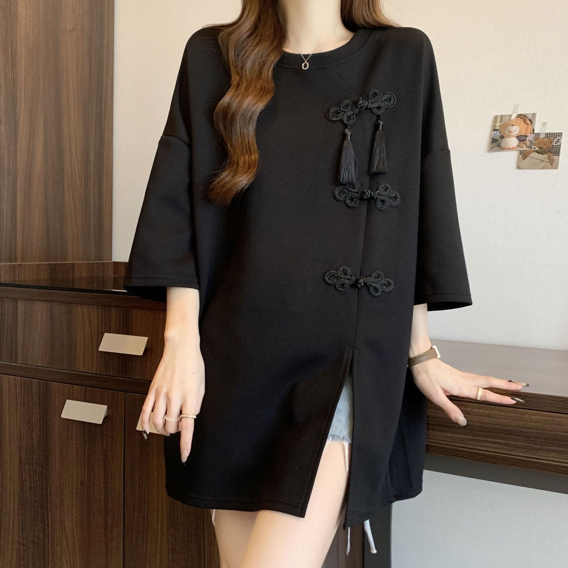 Camiseta de manga corta con hebilla de estilo nacional de la industria pesada para mujeres 2024 verano nuevo estilo suelto y delgado top de talla grande para mujeres ins image 9