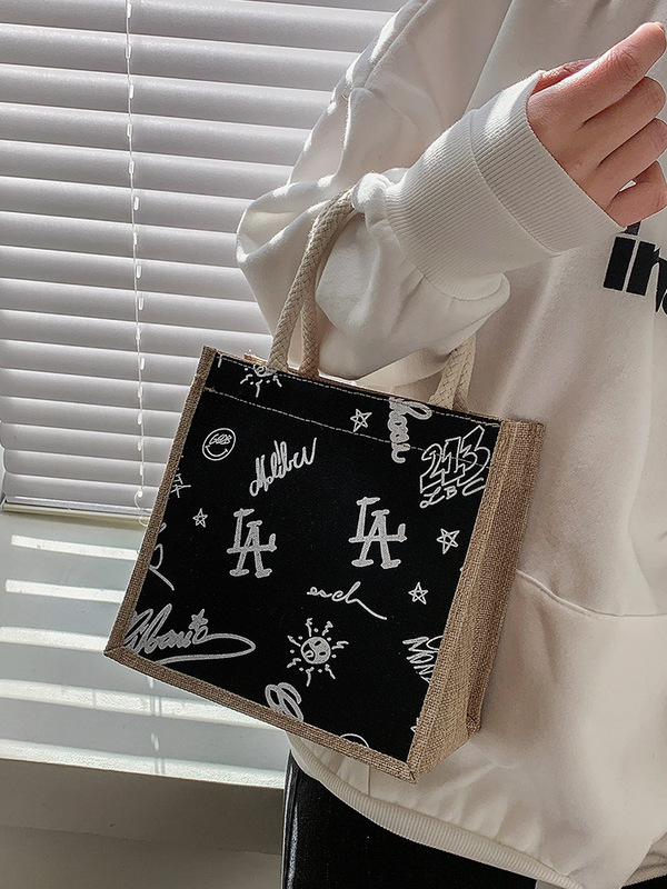 Lunch Box Lunch Bag Women's 2022 Cute Cartoon Canvas Printed Women's Bag Korean Style Small Bag Instagram Style Work Shoulder Bag