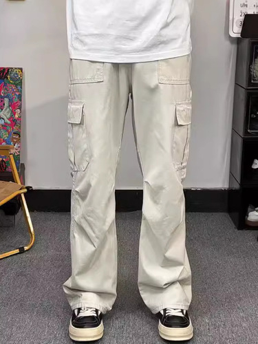 Men's Summer Thin Design-Focused Pleated Pants with Multiple Pockets, Off-White, Quick-Drying American Paratrooper Trousers