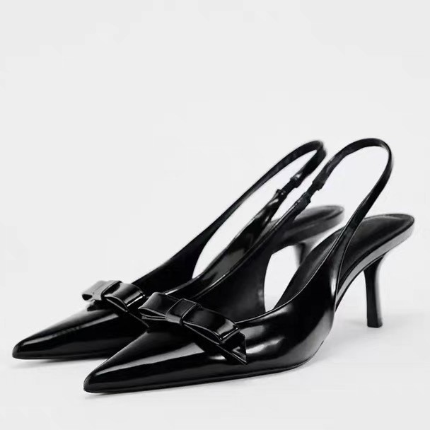 Za Black Patent Leather Bow Jewelry High Heel Mules 2025 Spring and Summer Pointed Toe Slingback Stiletto Sandals Flats for Women