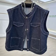 欧货高级感洋气牛仔背心马甲外套女2025春秋新款毛边明线坎肩上衣
